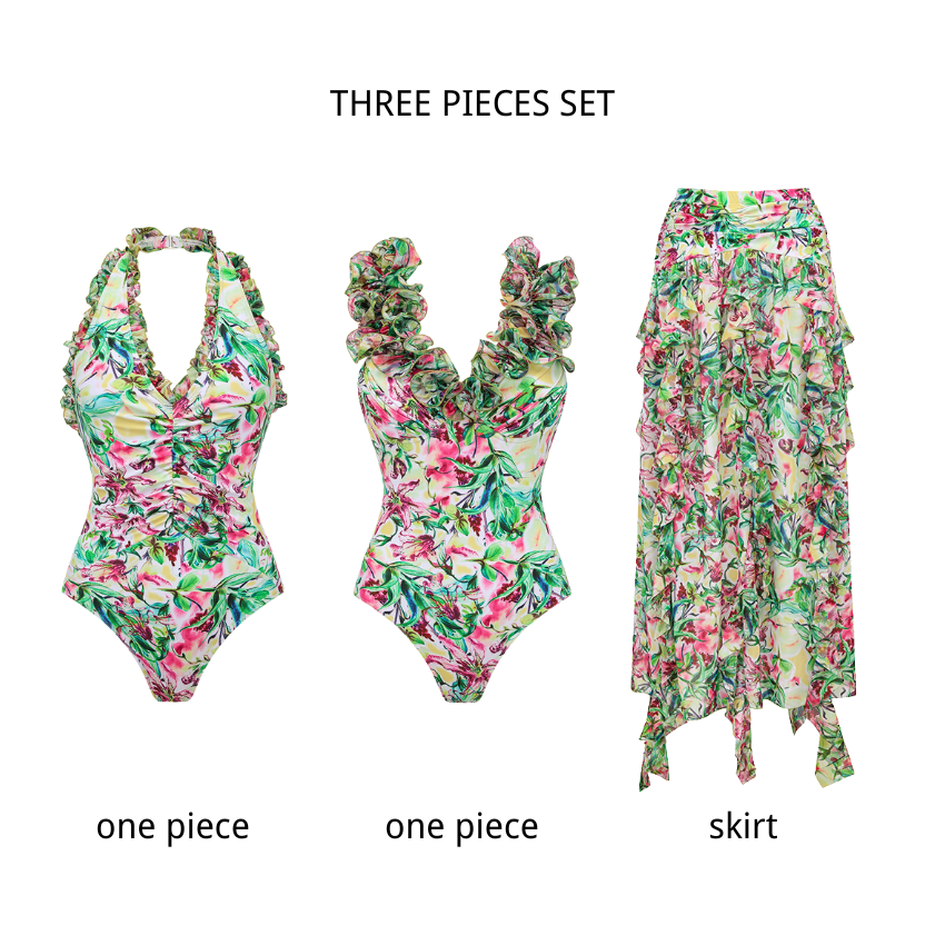 V-Neck Lily Print Swimsuit Set(s)