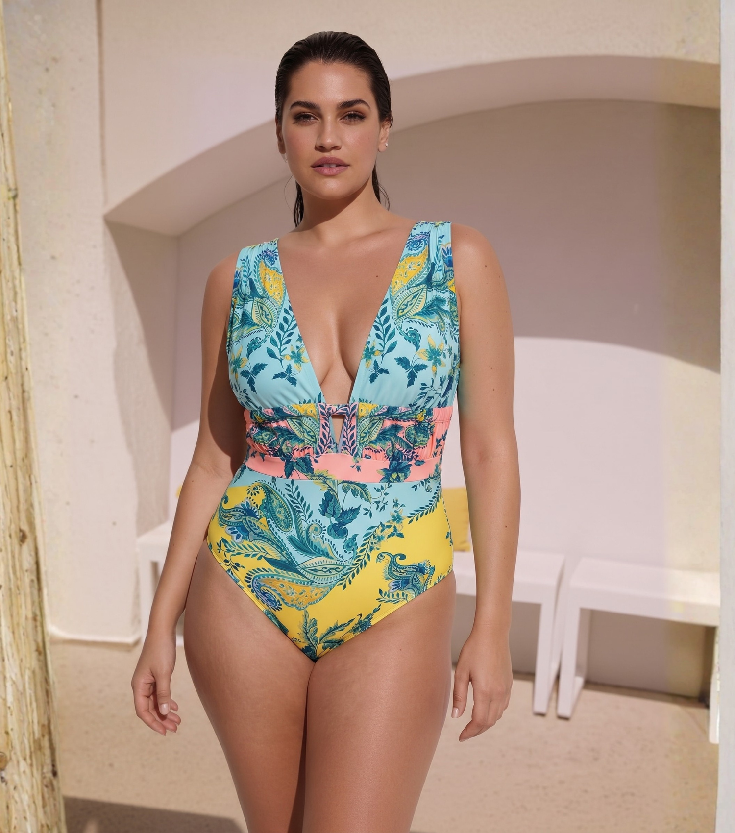 Plus Size Color Block Printed One Piece Swimsuit and Skirt