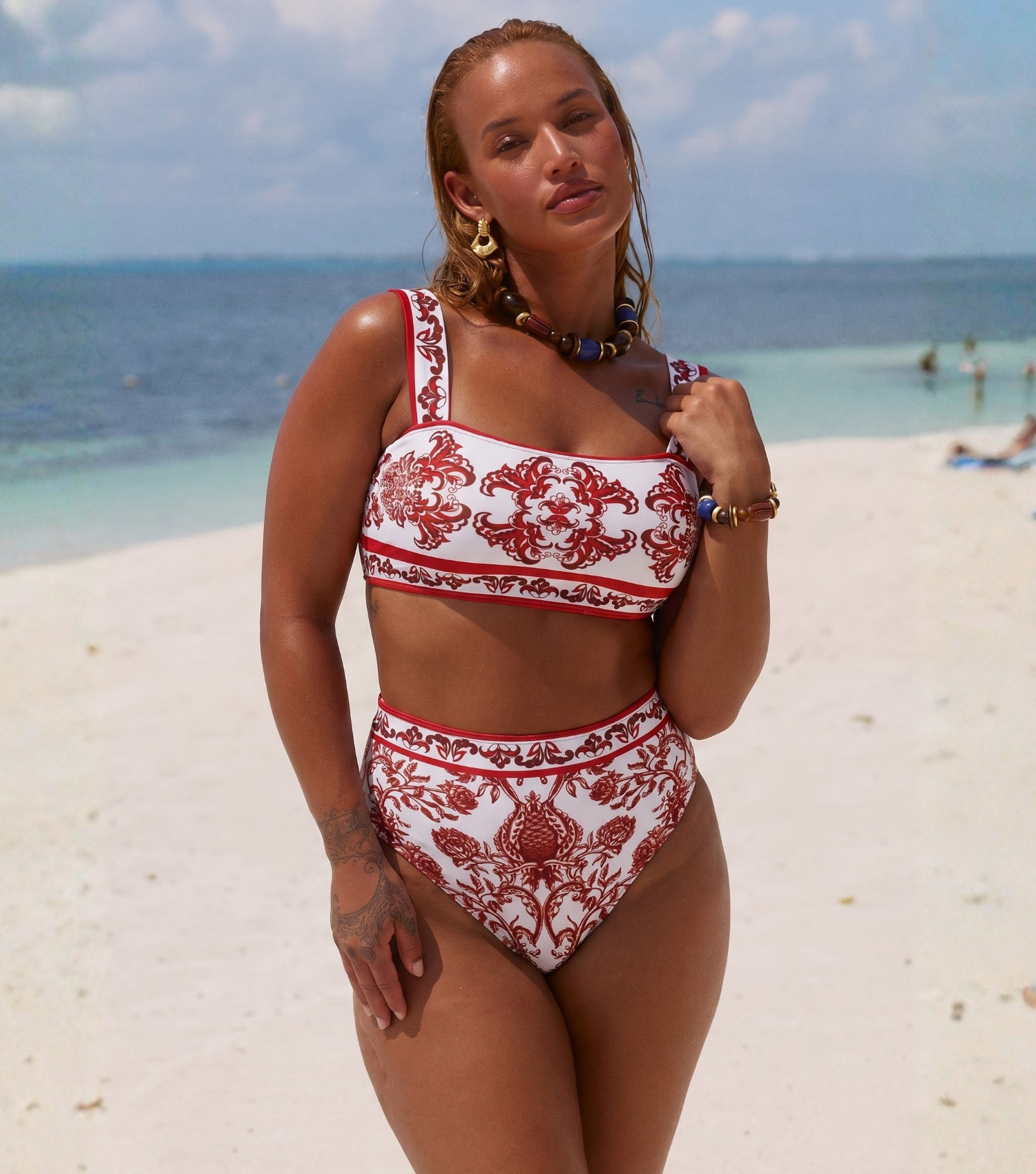 Plus Size Red Flower Totem Pattern Print Bikini and Skirt