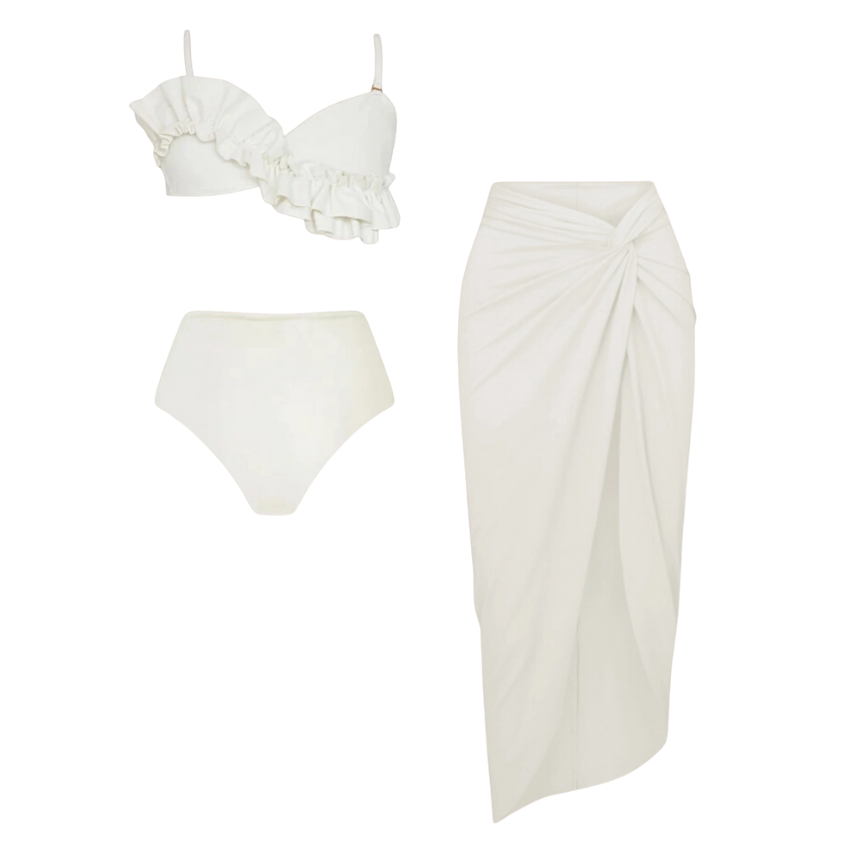 Ruffled Detail White High Waist Bikini Swimsuit and Sarong Flaxmaker