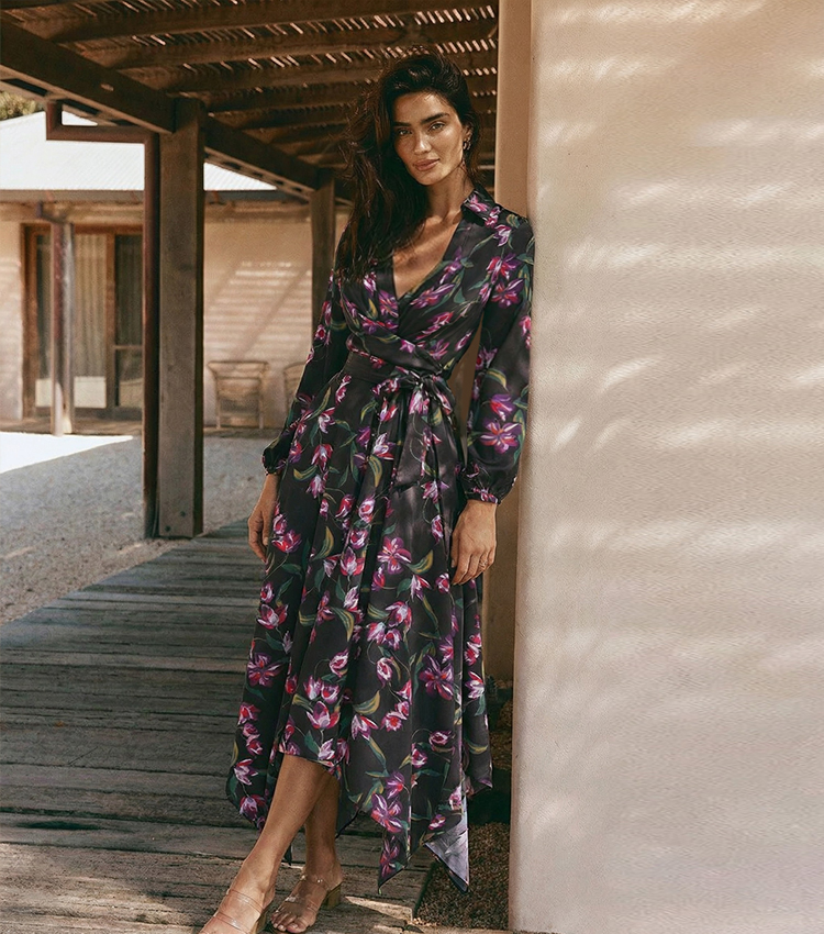 Asymmetrical Hem Printed Wrap Dress