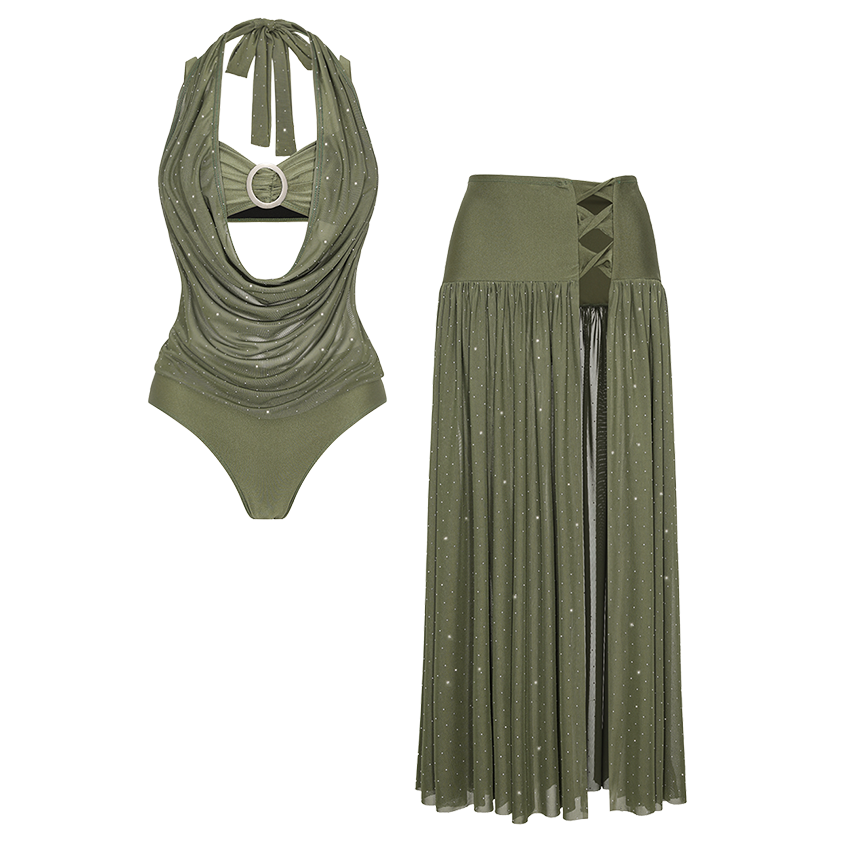 Dark Olive Green Rhinestones Swimsuit Set(s)