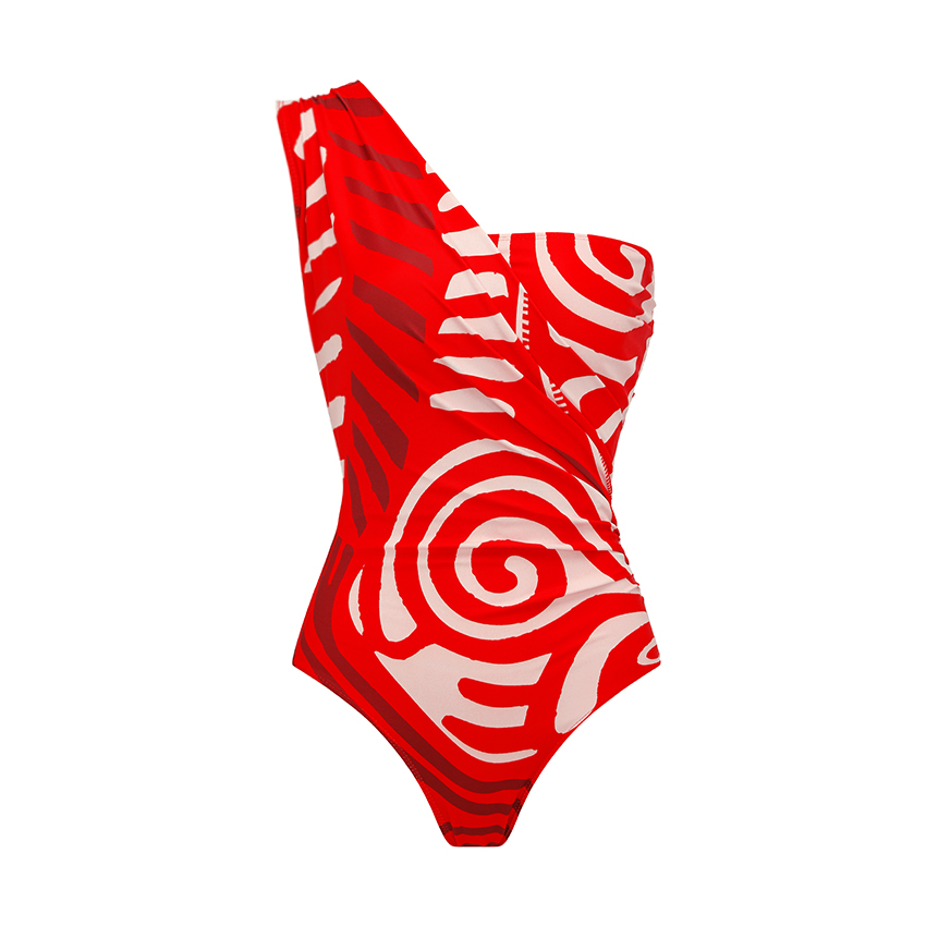 One Shoulder Red Retro Print Swimsuit Set(s)