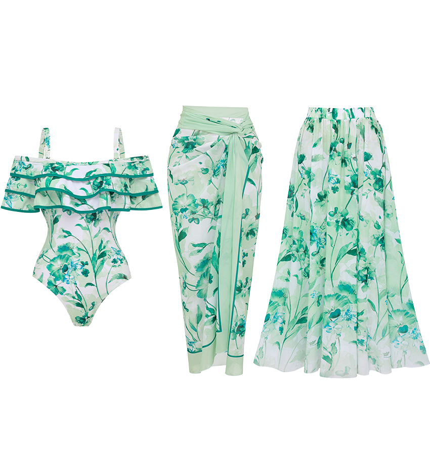 Green Loral Rint Tiered Ruffle Off-The-Shoulder Swimsuit Set(s)