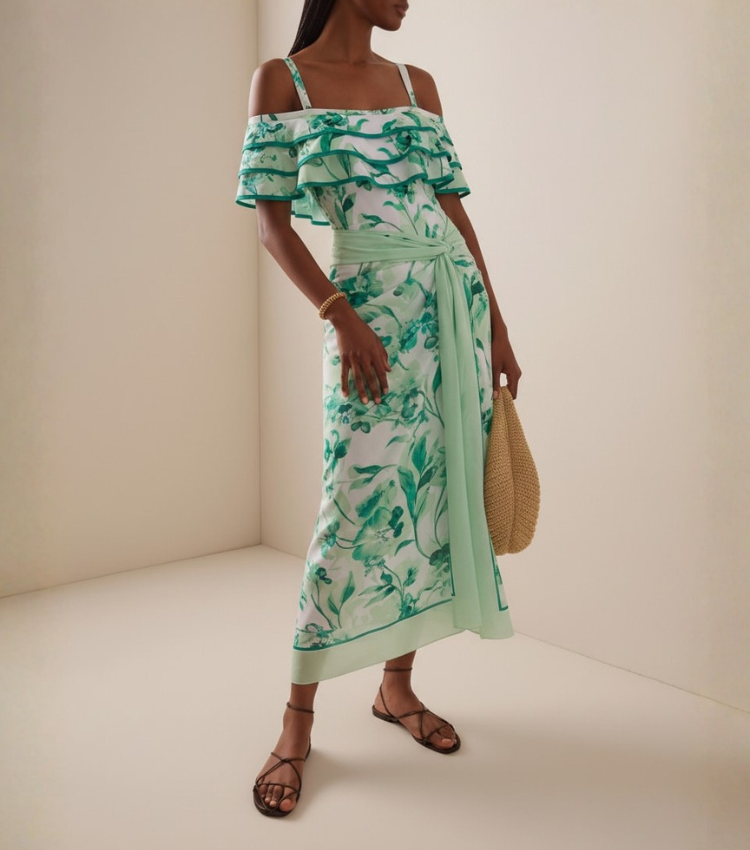 Green Loral Rint Tiered Ruffle Off-The-Shoulder Swimsuit Set(s)