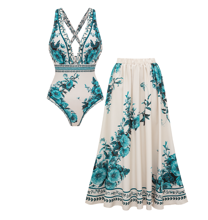 V Neck Dark Cyan Botanical Flower Print Swimsuit Set(s)