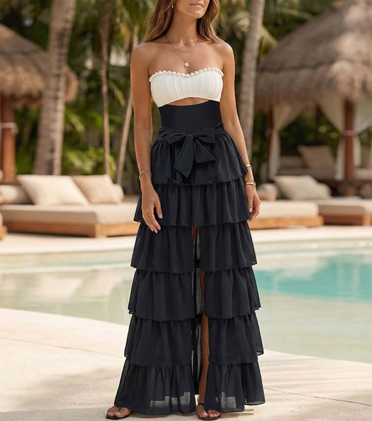 Off Shoulder Artificial Pearl Decor White One Piece Swimsuit and Skirt