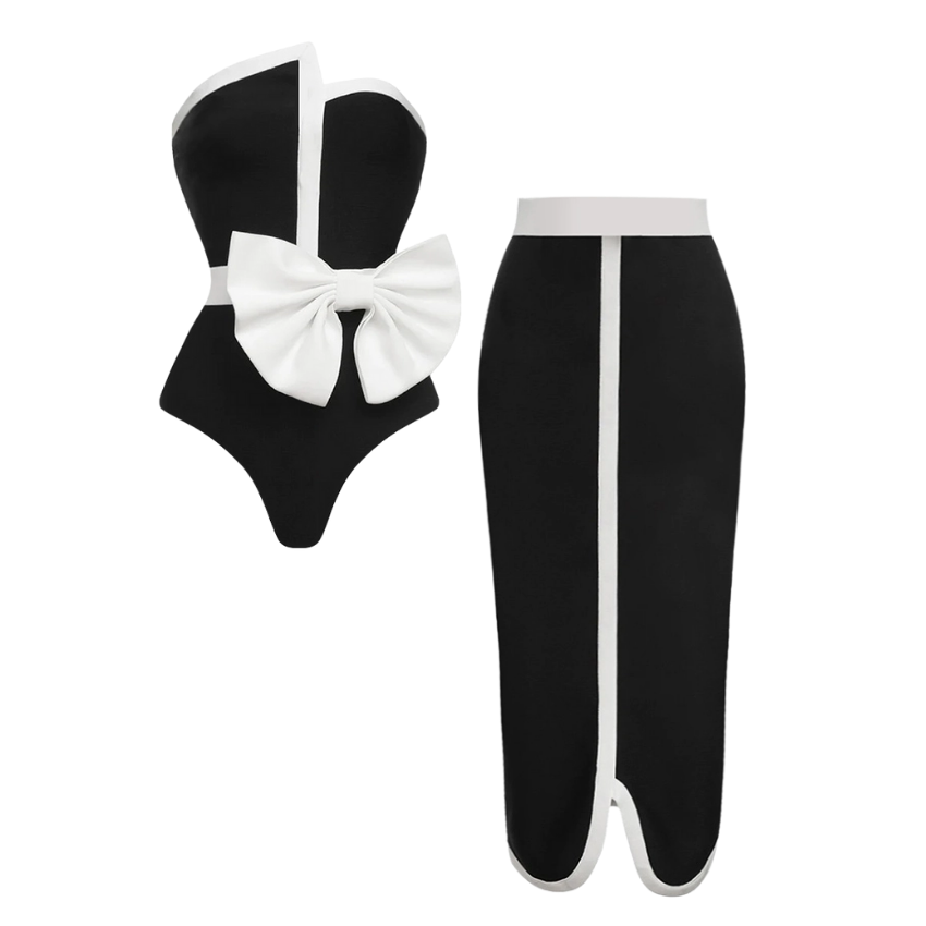 Off Shoulder Bow Tie One Piece Swimsuit and Skirt Flaxmaker