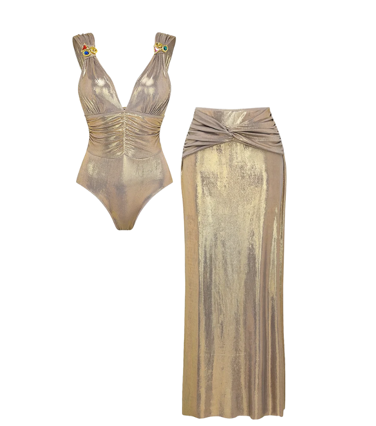Stone Decoration Shiny One Piece Swimsuit and Skirt