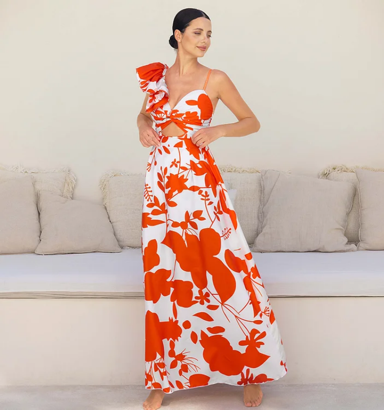 One Shoulder Ruffle Printed One Piece Swimsuit and Skirt