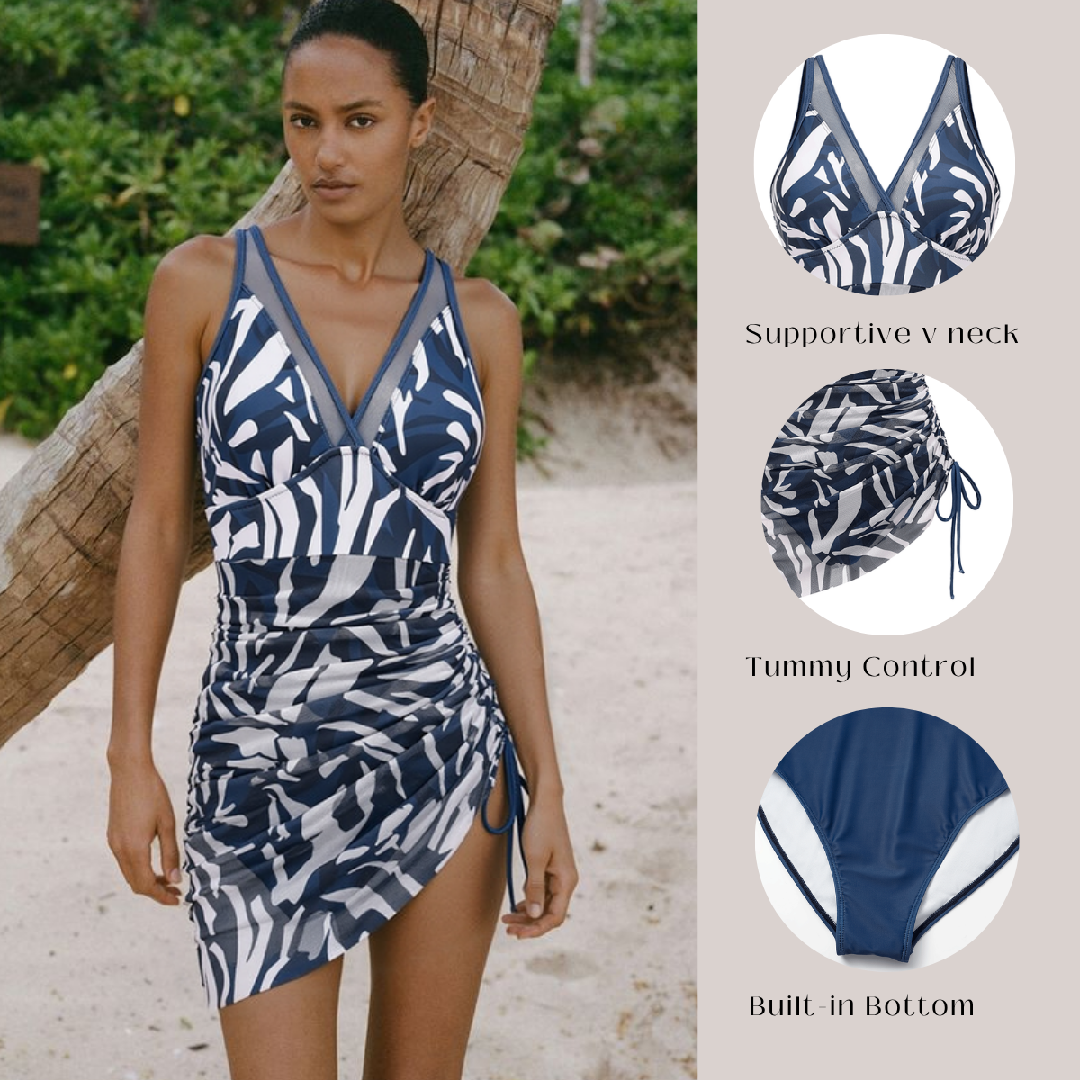 Tummy Control Slimming Mesh Sheer Sarong Wraps Bathing Suit Swim Dress