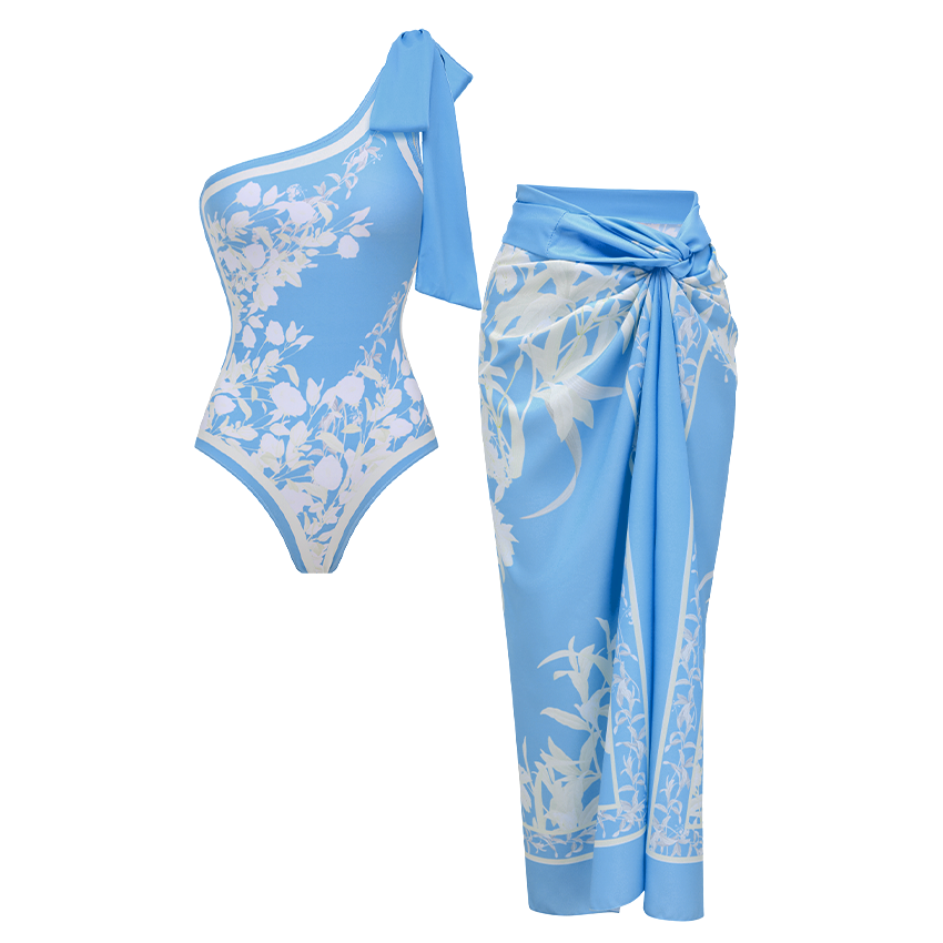 [Copy]One-Shoulder Blue Violet Flower Print Swimsuit Set(s)