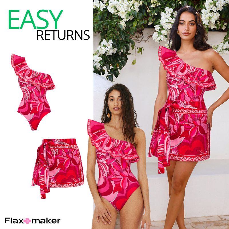 One Shoulder Ruffle Printed One Piece Swimsuit and  Sarong or Shorts