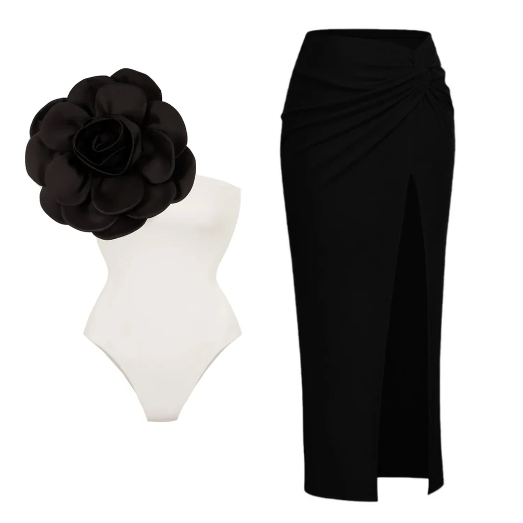 3D Flower One Shoulder One Piece Swimsuit and Skirt Flaxmaker