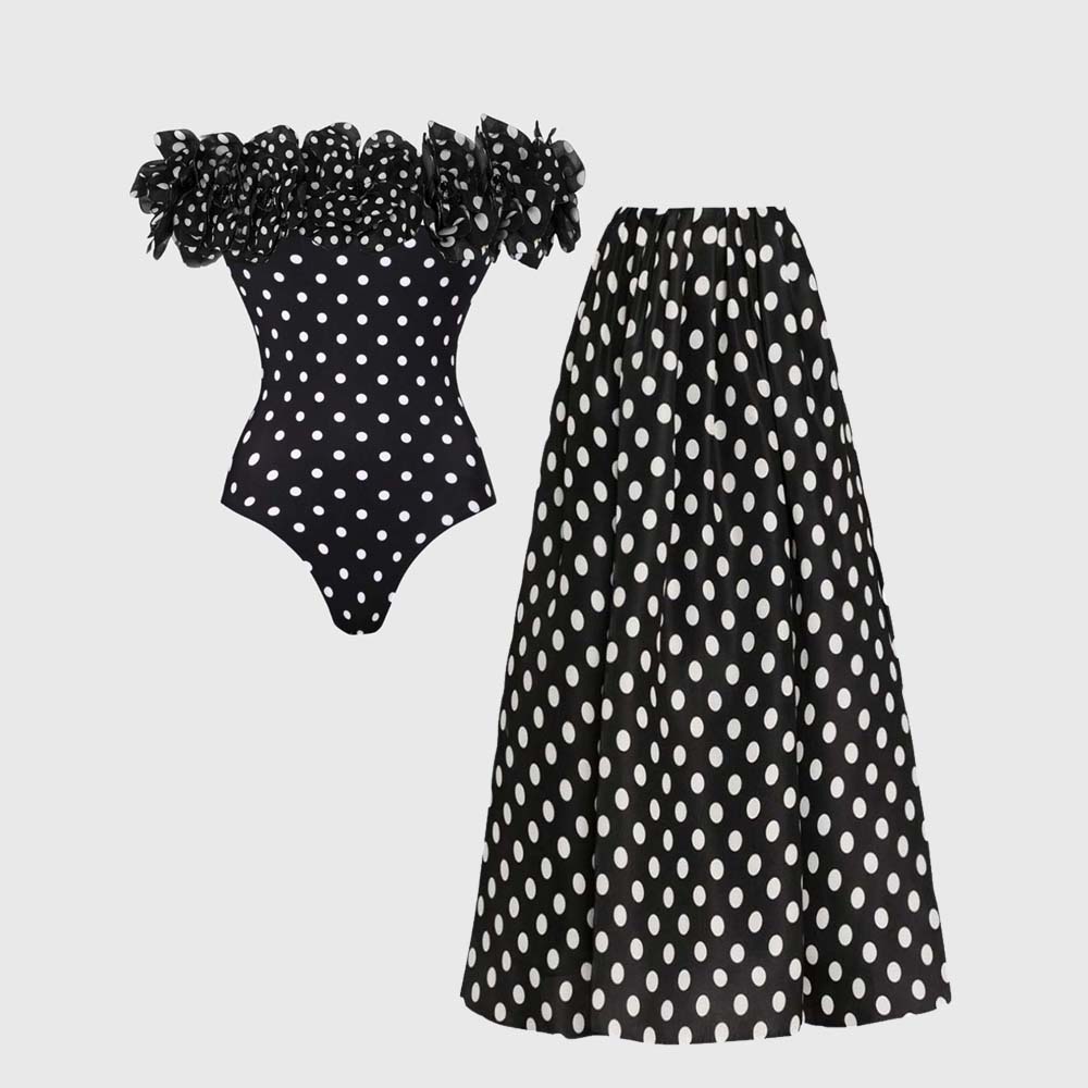 Bandeau Polka Dot Print One Piece Swimsuit and Skirt