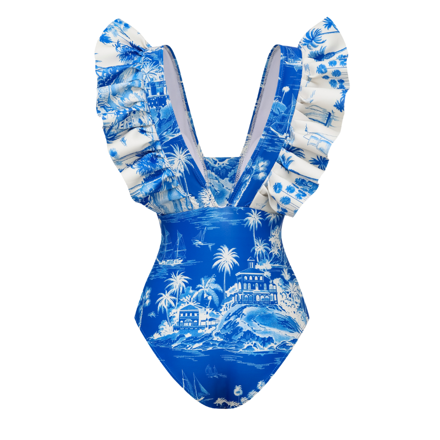 Ruffled Blue and White Bay Print One Piece Swimsuit and Skirt