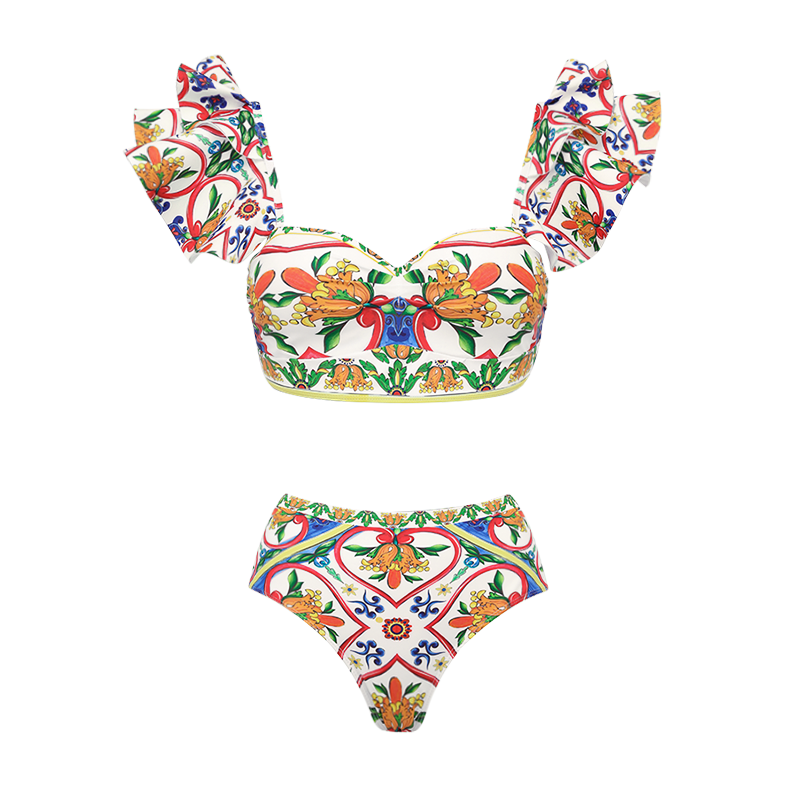 Ruffle Sleeves  Paisley-print  Bikini Swimsuit and Sarong