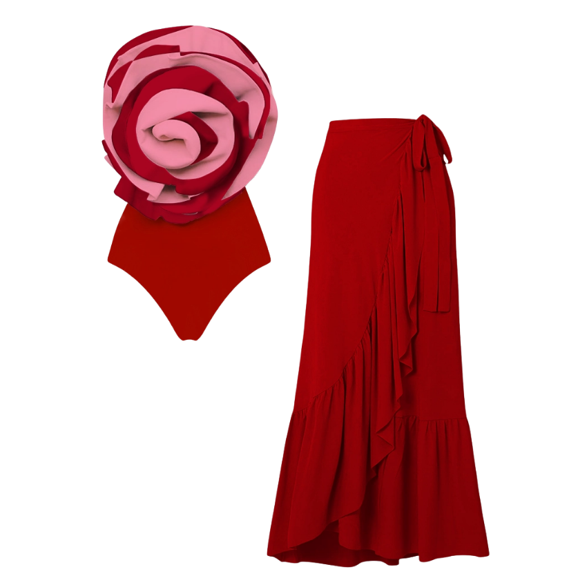 Exaggerated 3D Flower Decor Swimsuit and Skirt Flaxmaker