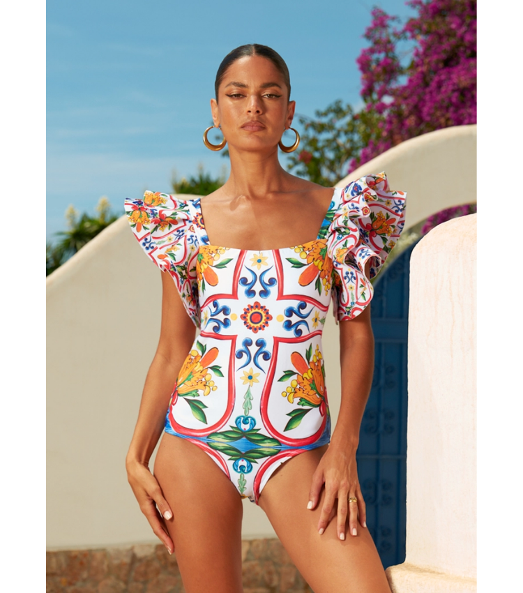 Ruffle Sleeves  Paisley-print  One Piece Swimsuit and Sarong or Paints Flaxmaker
