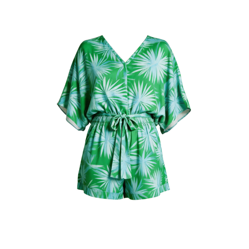 Green Palm Kimono Sleeve Wrap Romper