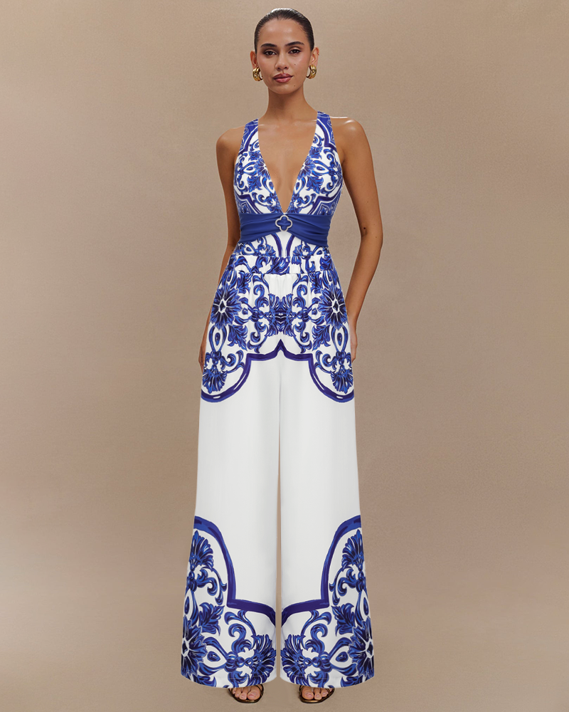 V Neck Classic Majolica Series Pattern Print One Piece Swimsuit and Pants or Shorts