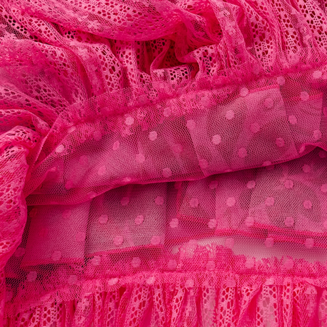 Rose Red Flower Print Net Yarn Splicing One Piece Swimsuit and Tiered Skirt