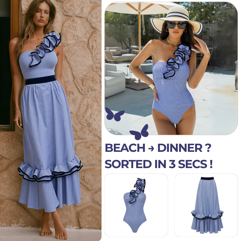 One Shoulder Ruffle Stripe Print One Piece Swimsuit and Skirt