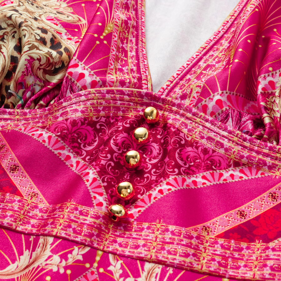 Long-sleeved Rose Red Blooming Flower Print One Piece Swimsuit and Skirt