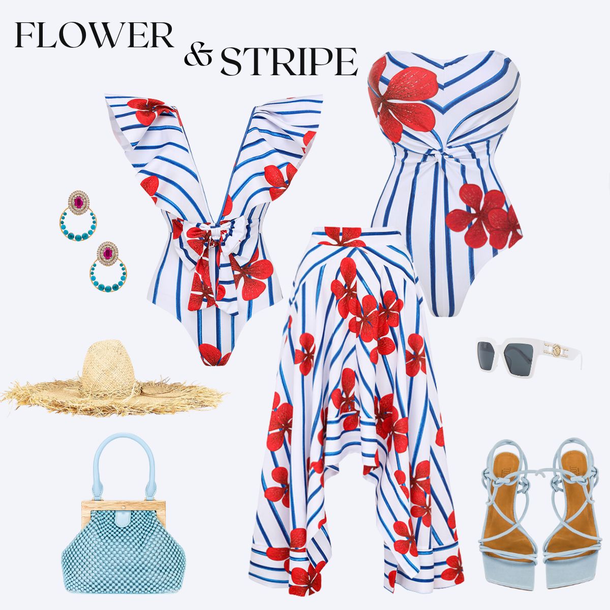 Off Shoulder Print One Piece Swimsuit and Skirt