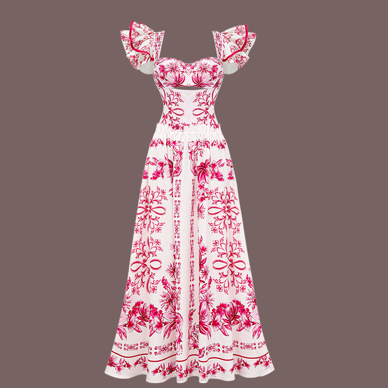 Ruffle Cut Out Lily and Majolica Series Pattern Print One Piece Swimsuit and Skirt or Pants