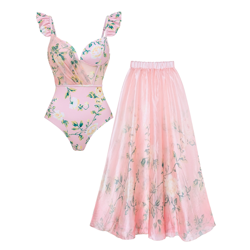 Mini Ruffled Floral Print One Piece Swimsuit and Skirt Flaxmaker