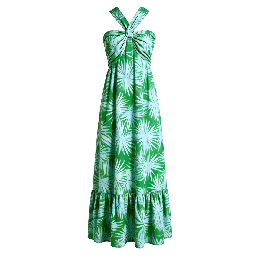 Green Palm Halter Ruffle Maxi Dress
