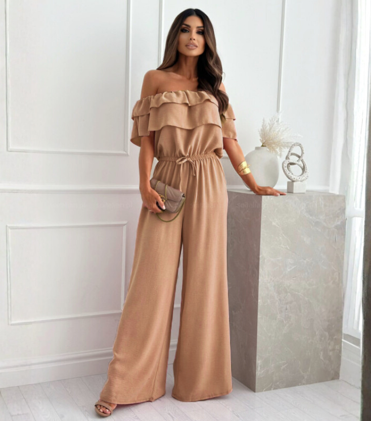 Off Shoulder Ruffle Solid Color Jumpsuit