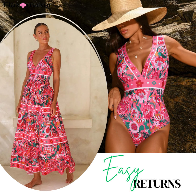 Pink Floral Paradise Print V-neck One Piece Swimsuit and Skirt