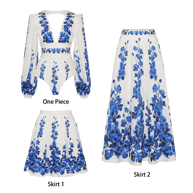 Printed Long Sleeve One Piece Swimsuit and Skirt