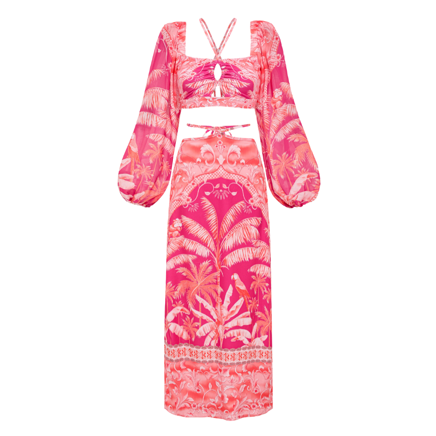 Long-sleeved Tropical Jungle Print Bikini Swimsuit and Sarong Flaxmaker