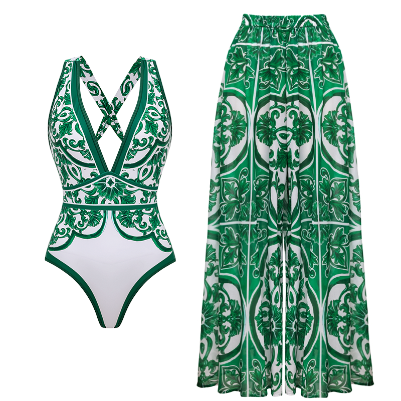 V Neck Classic Majolica Series Pattern Print One Piece Swimsuit and Pants or Skirt
