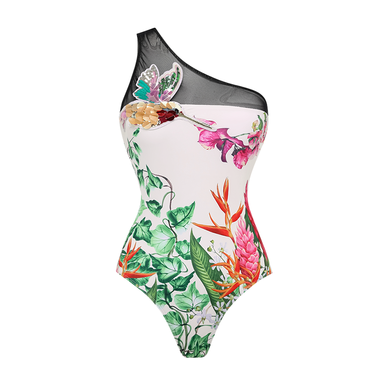 Sequin Embroidered Bird One Shoulder Printed One Piece Swimsuit and Sarong or Skirt Flaxmaker