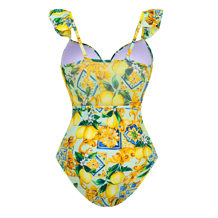 Ruffle Starp Push Up Lemon Print One Piece Swimsuit and Mesh Panel Sarong Flaxmaker