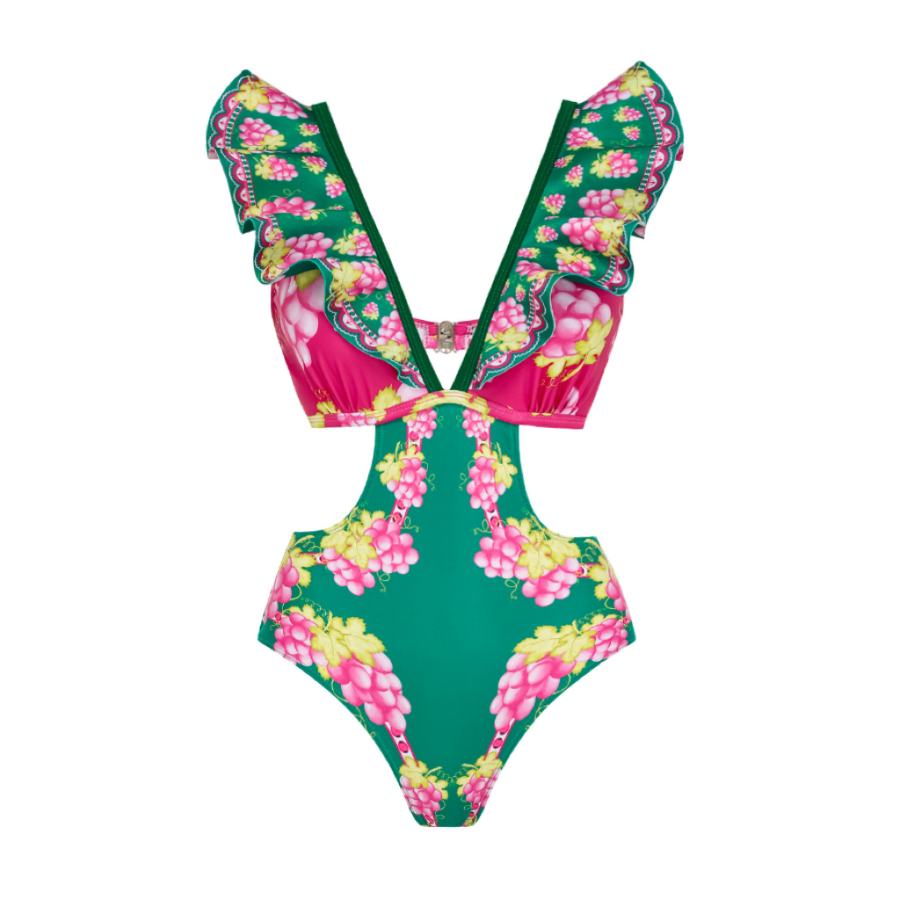 Ruffled Deep V Cutout Retro Green Grapes Print One Piece Swimsuit and Skirt
