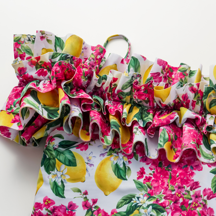 Bandeau Ruffled Lemon Floral Print One Piece Swimsuit and Mesh Splicing Sarong