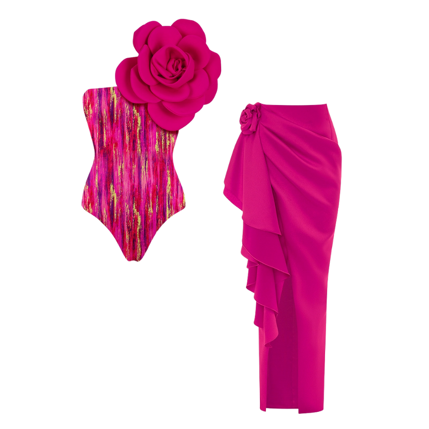 3D Flower Decor One Piece Swimsuit and Skirt Flaxmaker