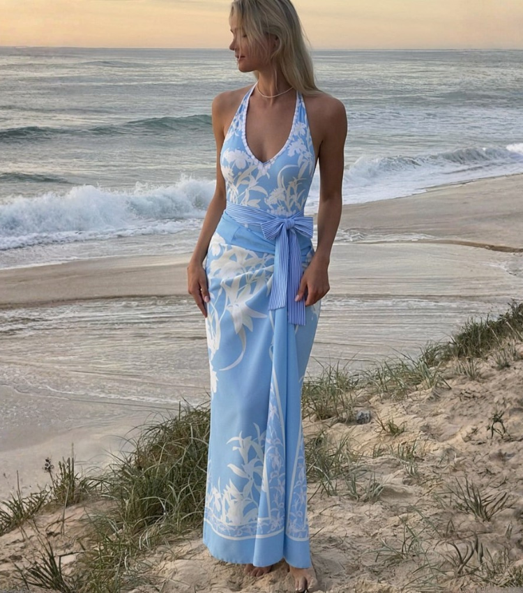 [Copy]V Neck Blue Violet Flower Print Swimsuit Set(s)