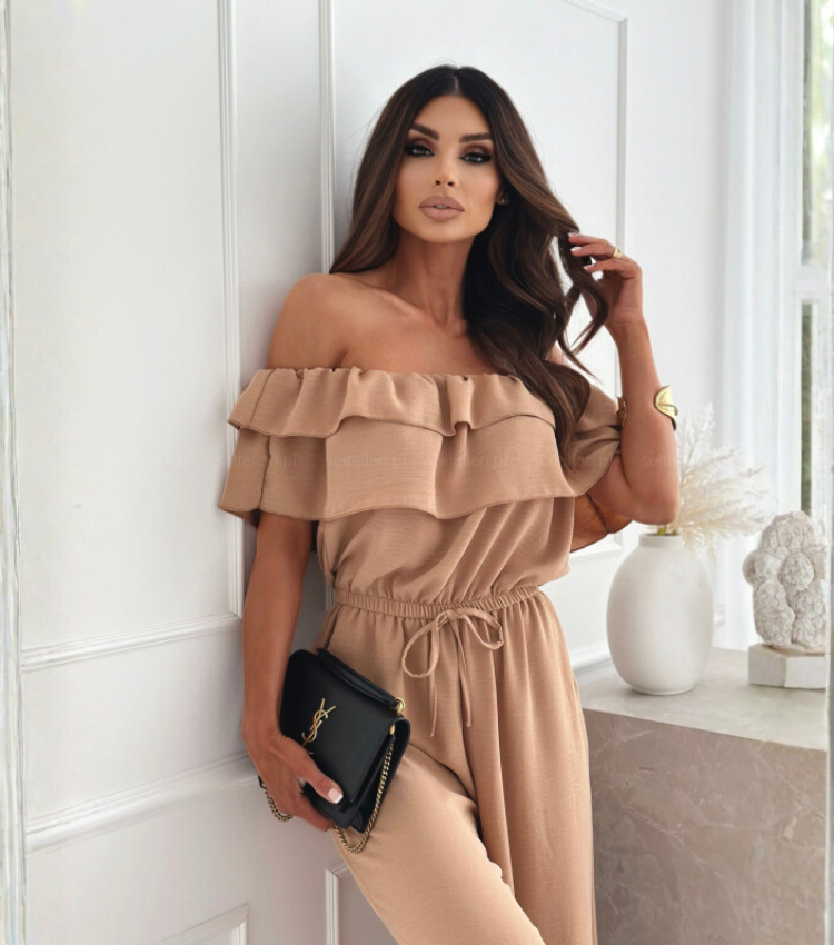 Off Shoulder Ruffle Solid Color Jumpsuit