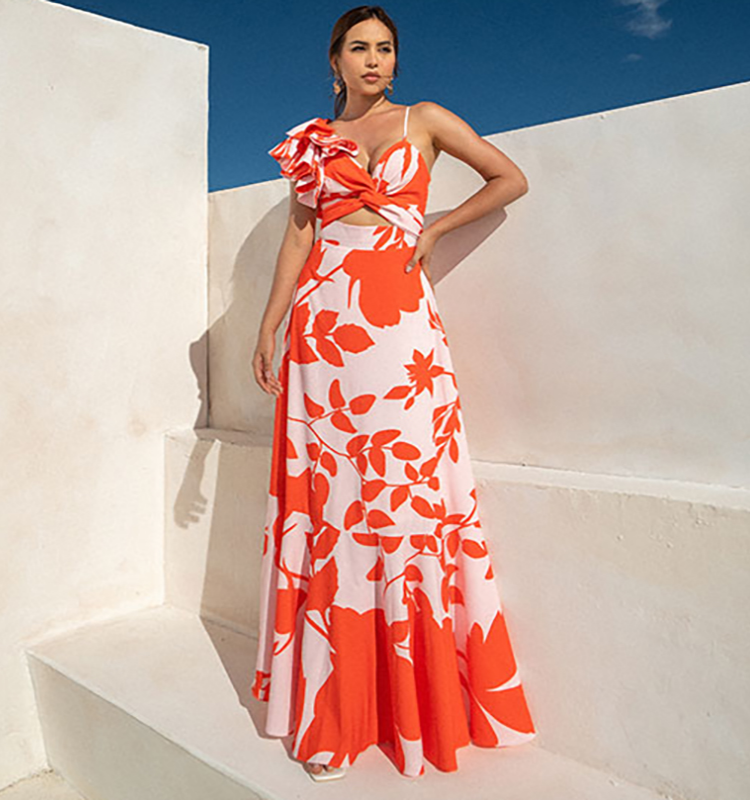 One Shoulder Ruffle Printed One Piece Swimsuit and Skirt