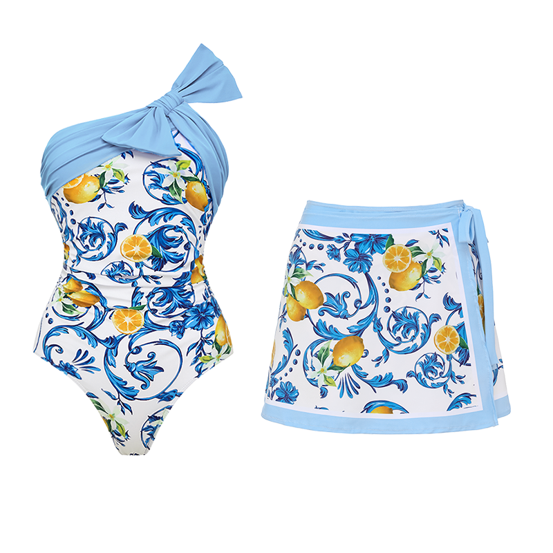 Lemon Print One Shoulder One Piece Swimsuit and Sarong or Skirt Flaxmaker
