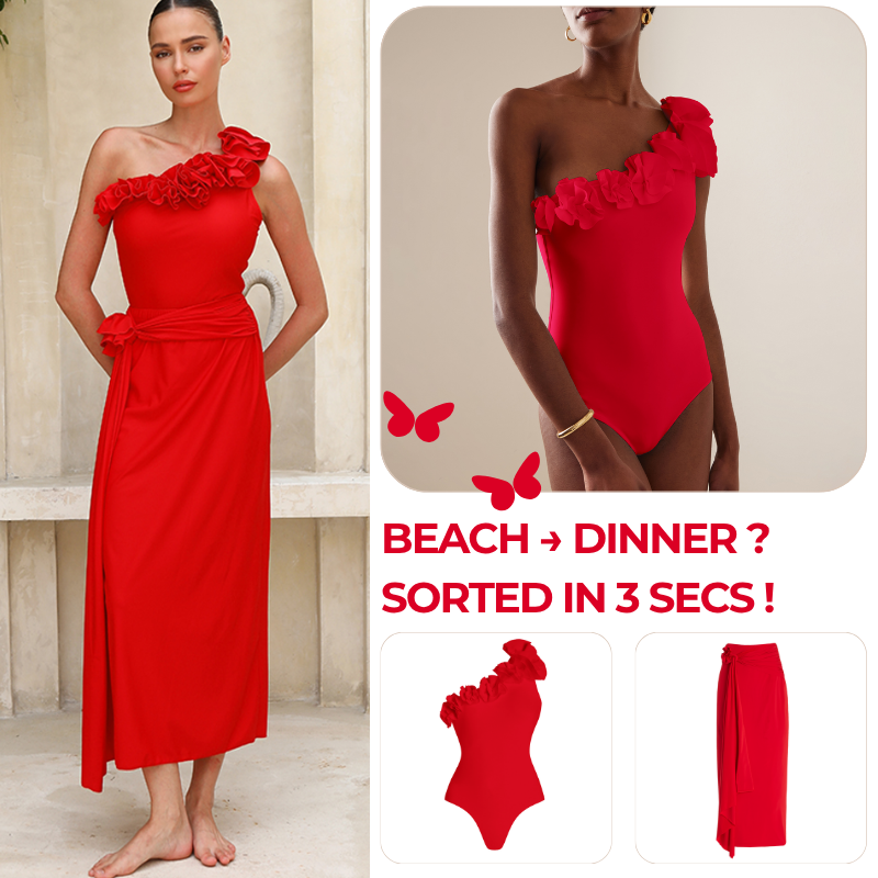 One Shoulder 3D Flower Red Solid Color One Piece Swimsuit and Skirt