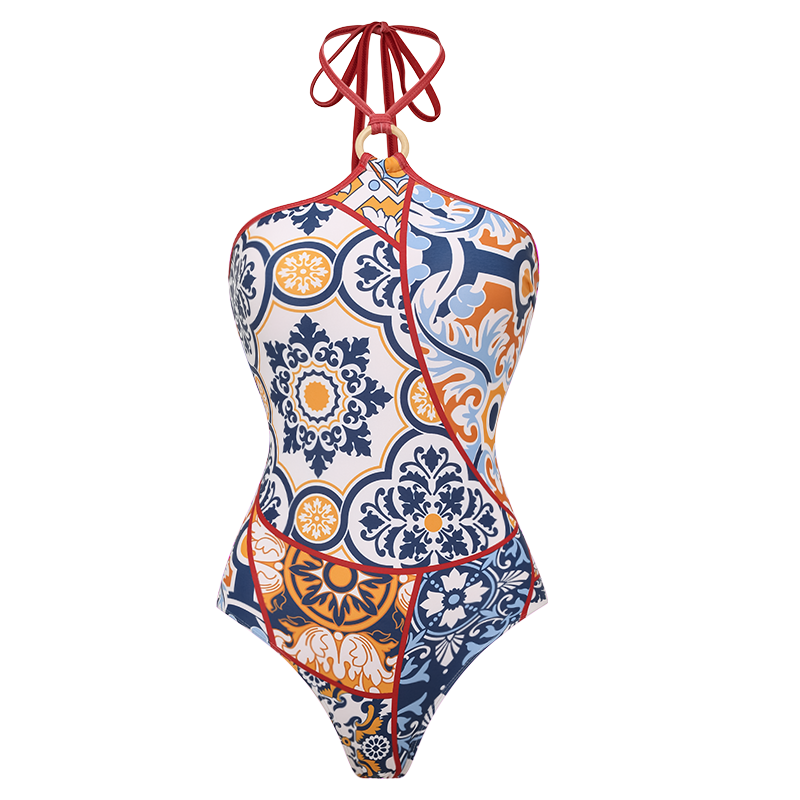 Printed Halter One Piece Swimsuit and Sarong Flaxmaker