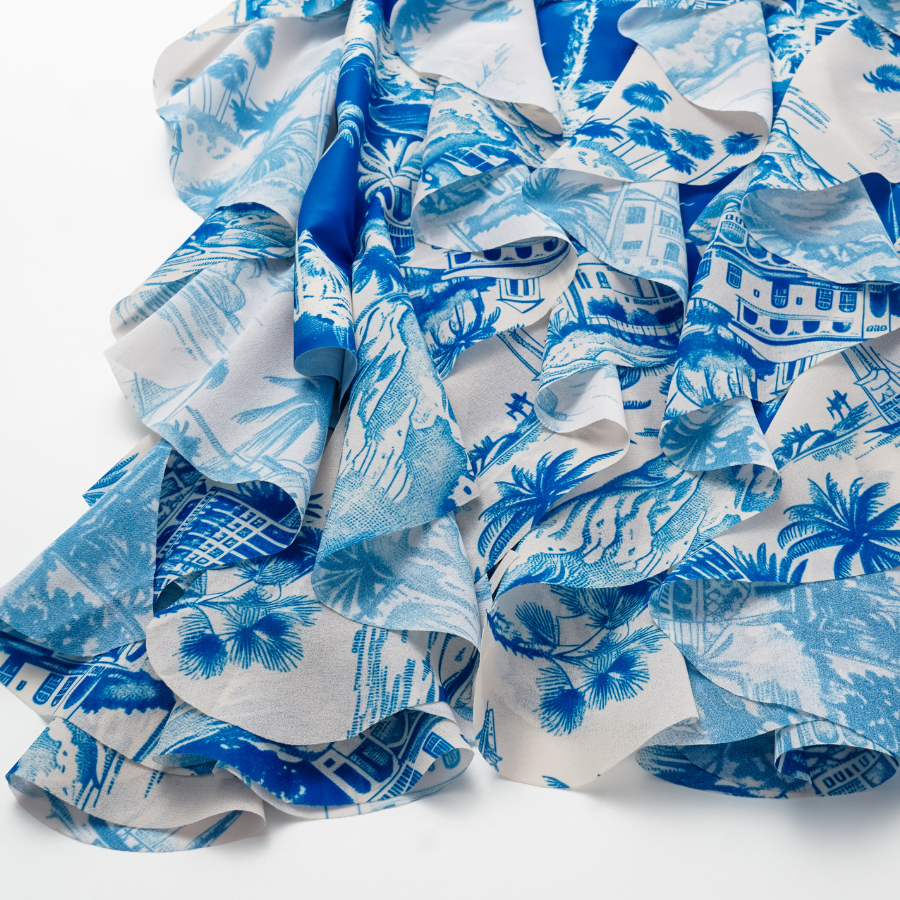 Ruffled Blue and White Bay Print One Piece Swimsuit and Skirt