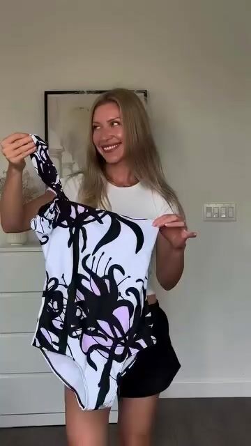 One Shoulder Black and White Blossom Print One Piece Swimsuit and Pants